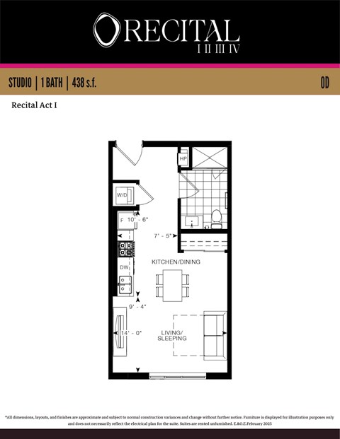 Floor plan for studio, 1 bath, 438 sqft